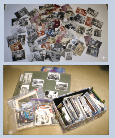 Scattered photos and box of photos needing organization